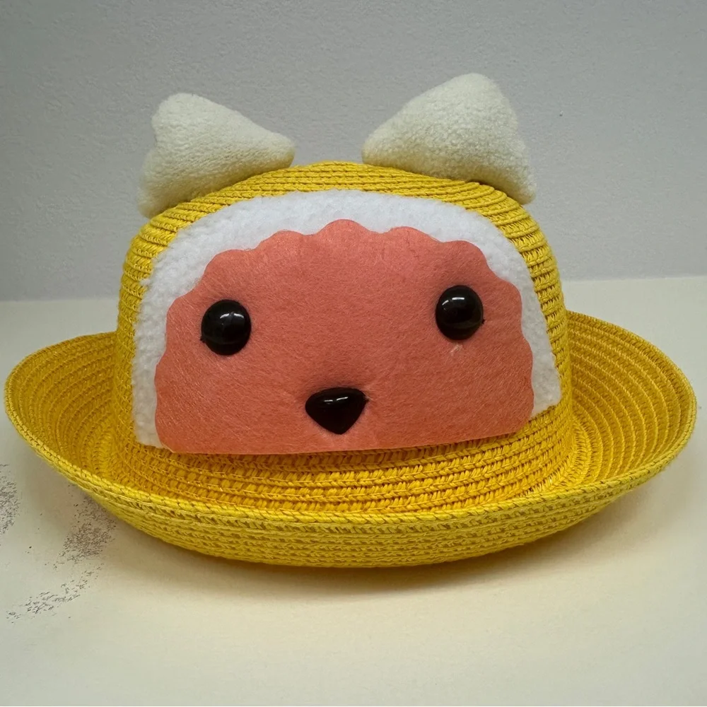Kids 2in1 bundle 7” Yellow Straw Sun Hats Animal Ears Face Ages 3-7 Kawai Summer